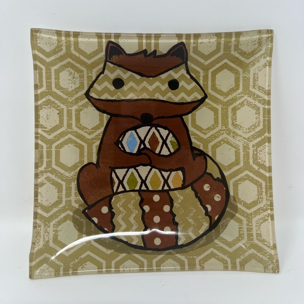 Foxy Fun 6” Square Glass Plate Trinket Dish Bowl